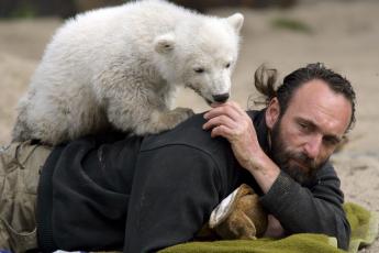 IJsbeertje Knut speelt met zijn verzorger.